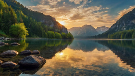 Panoramic view of alpine lake Obersee at sunset, Bavaria, Germany