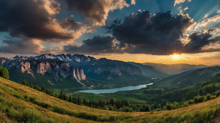 Sunset in the mountains. Panoramic view of the valley and the lake.の写真素材