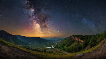 Milky Way over the mountains in the summer. Panoramic view