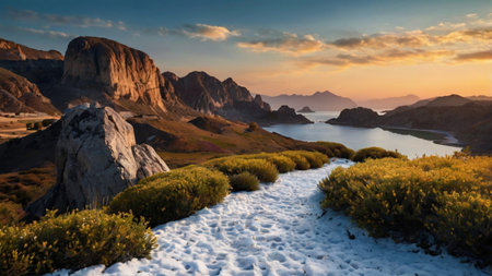 Panoramic view of the mountains and the lake at sunset.の写真素材