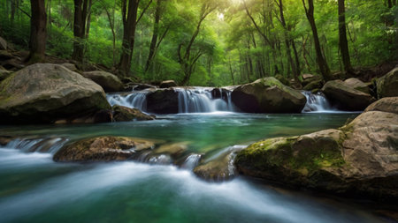 Waterfall in deep forest of Erawan National Park, Kanchanaburi, Thailandの写真素材
