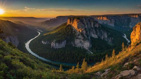 Panoramic view of the river in the mountains at sunrise.の写真素材
