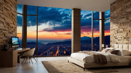 Luxury bedroom with a beautiful view of the city at sunsetの写真素材