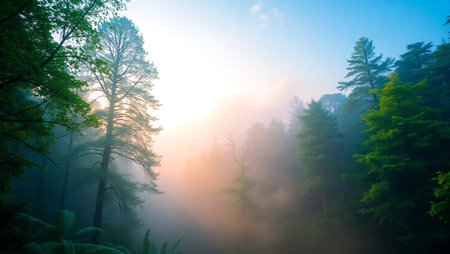 Foggy morning in the forest. Sunrise in the woods.の写真素材
