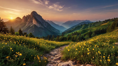 Sunset in Dolomites, Italy. Summer landscape with daffodils