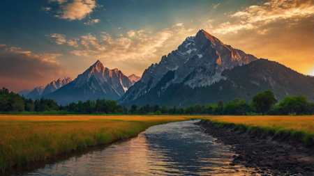 Sunset over Grand Teton National Park, Wyoming, USA.の写真素材