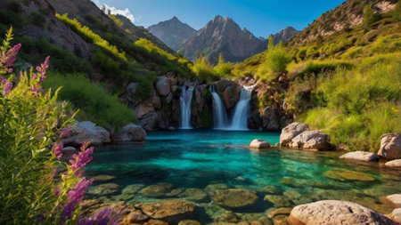Panoramic view of the beautiful waterfall in the mountains, Turkeyの写真素材