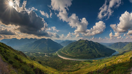 Panoramic view of the mountains and the river. Beautiful summer landscape.