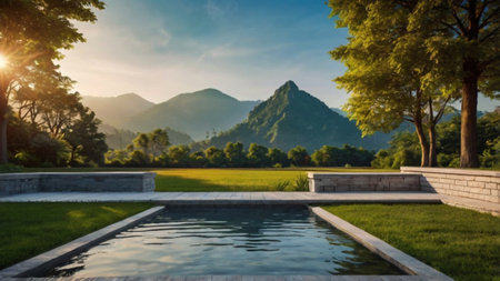 Swimming pool in the garden with beautiful landscape background at sunset.の写真素材