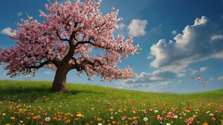 Spring landscape with blossoming tree and flowers. 3d illustration.