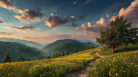 Panoramic view of the path in the mountains at sunset.の写真素材