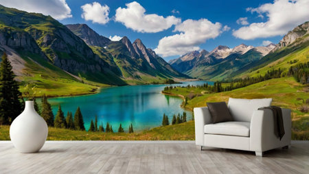 Composite image of mountain lake with white armchair against blue sky