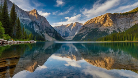 Panoramic view of Lago di Braies (Pragser Wildsee). Dolomites, Italy