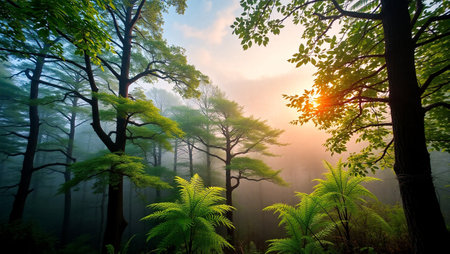 Morning in the forest with fog and sunbeams, nature seriesの写真素材