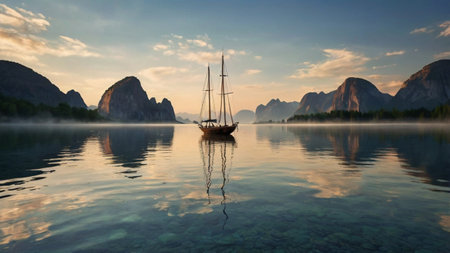 Sailing boat in the misty morning on the lake in the mountainsの写真素材