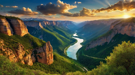 Panoramic view of the valley and the river in the mountains at sunsetの写真素材