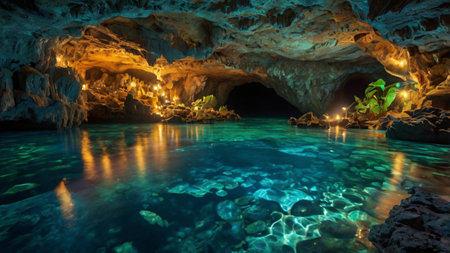 Cave with crystal clear water and stalactites at night.の写真素材