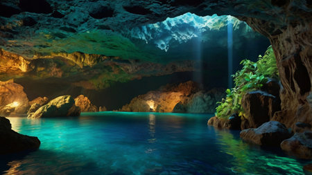 3D CG rendering of cave and sea. Computer generated image.の写真素材