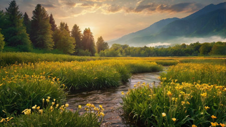 Beautiful spring landscape with a mountain river and yellow wildflowers