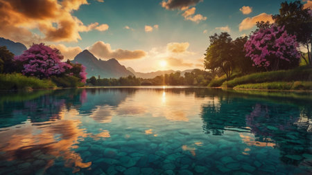 Beautiful landscape with lake and mountains at sunset. Natural background.の写真素材