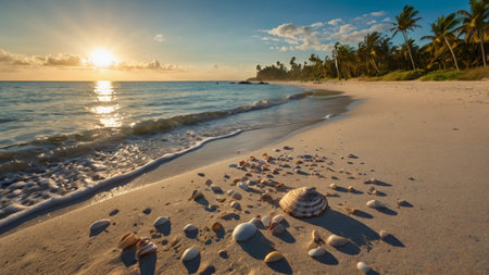 Beautiful tropical beach with coconut palm trees and sea shells at sunset