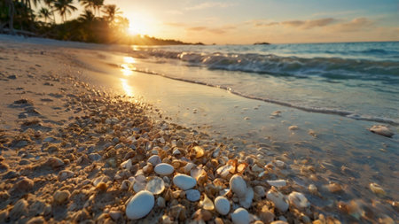 Sunset on the beach with pebbles and palm trees.の写真素材