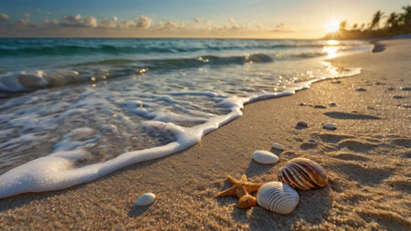 Beautiful seascape with seashells and starfish on sandy beach
