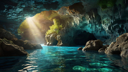 Underwater view of a cave with turquoise water. 3d rendering