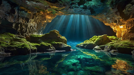 Underwater view of a cave with turquoise water and sunlight