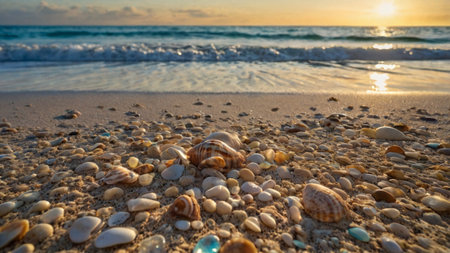 Seashells on the beach at sunset. Beautiful natural background.の写真素材