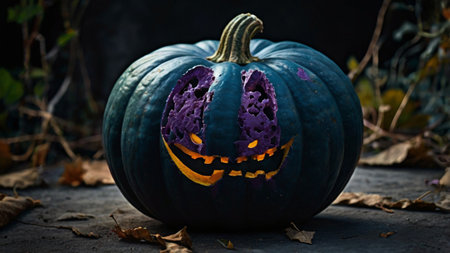 Halloween pumpkin with scary face on dark background. Halloween concept.