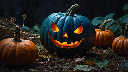 Halloween pumpkins with scary faces and autumn leaves on dark backgroundの写真素材