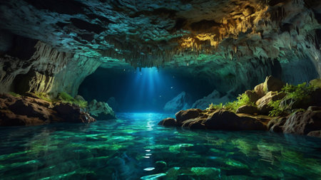 Underwater view of a cave with crystal clear water and sunlight.