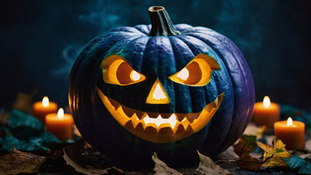 Halloween pumpkins with candles and leaves on dark blue background.の写真素材