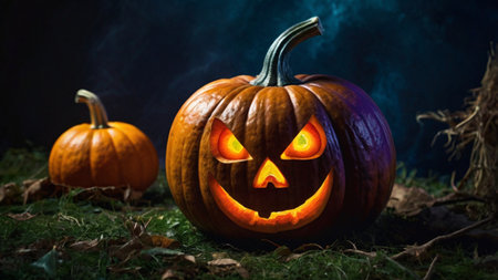 Halloween pumpkin with scary face on dark background. Halloween concept.