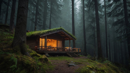 Beautiful mountain hut in the middle of a foggy forest.の写真素材