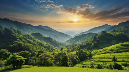 Sunrise over the rice terraces in the north of Vietnam.