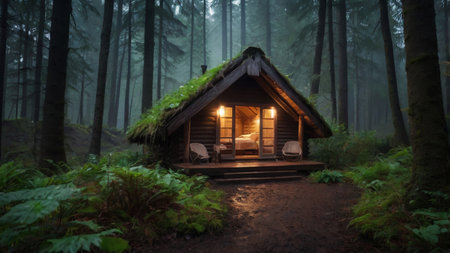 Wooden hut in the forest at night with fog. 3d renderingの写真素材