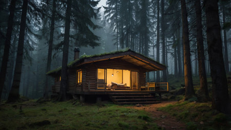 Beautiful wooden house in the middle of a forest in the fog
