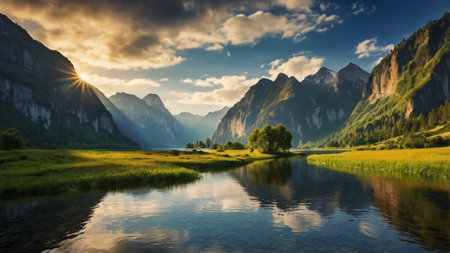 Beautiful alpine landscape. Lake in the mountains at sunset.