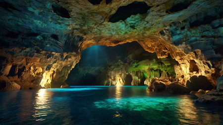 Cave interior with turquoise water. 3d rendering.