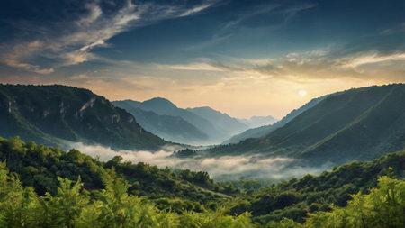 Mountain landscape with fog in the morning. Landscape with mountains and clouds.