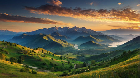 Mountain landscape at sunset. Panoramic view of the Caucasus Mountains, Georgia.の写真素材