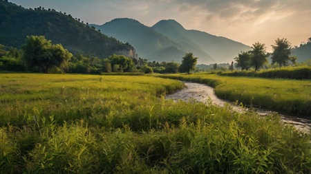 Panoramic view of rice fields and mountains in the morning.の写真素材
