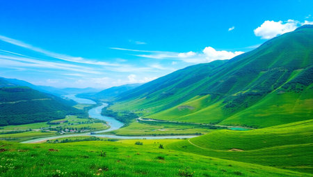 Beautiful summer landscape with mountain river and green meadow under blue sky