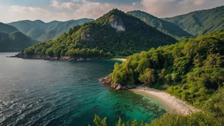 Aerial view of beautiful beach and sea in Montenegro, Balkans, Europeの写真素材