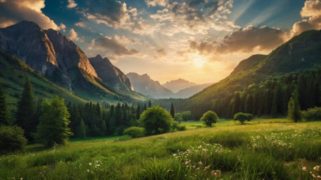 Mountain landscape with meadow and forest at sunset. Nature composition.の写真素材