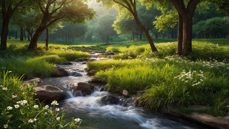 Beautiful view of a small river flowing through a lush green forestの写真素材