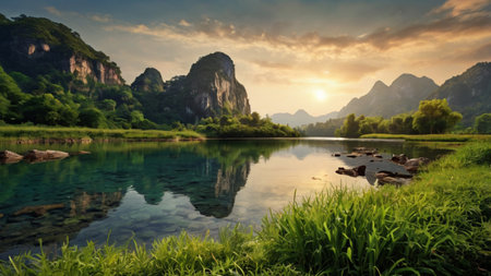 Beautiful landscape scenery view of karst mountains and lake in Chinaの写真素材