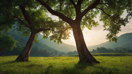 Beautiful summer landscape with green meadow and big tree at sunset
